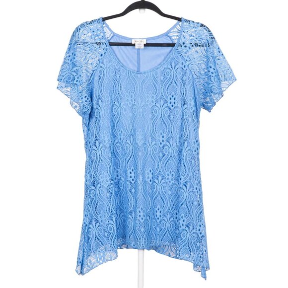 Brittany Black Lace Shirt L Womens Blue Short Sleeve Handkerchief Spring Nylon - Picture 1 of 6